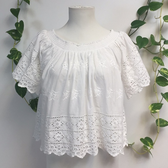 White Cotton Eyelet Lace Cropped Peasant Crop Top Blouse Boho Forever 21 - Picture 3 of 7